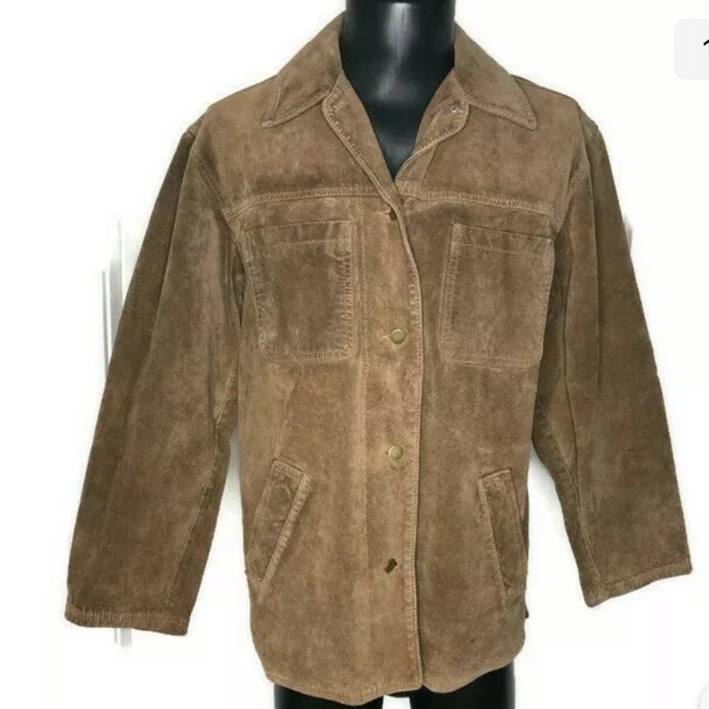 Vtg Eddie Bauer Suede Leather Coat Button Up Brwn